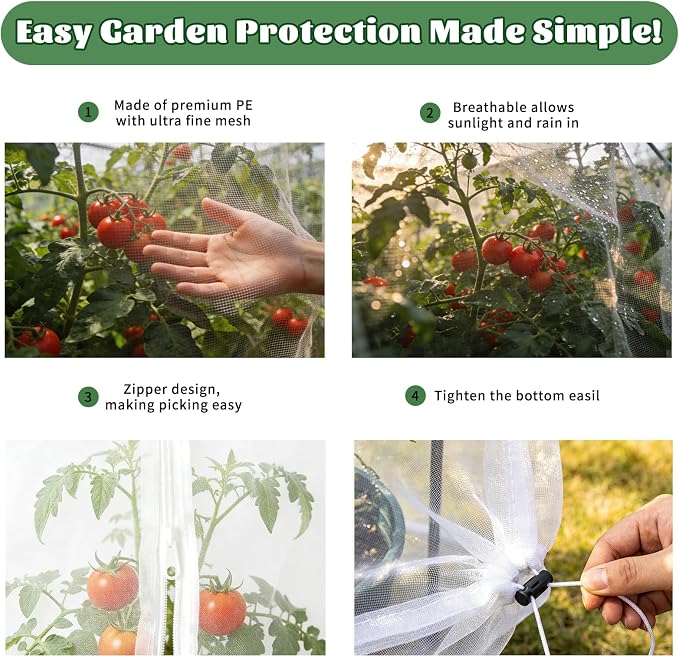 3PCS Garden Bird Netting for Tomato Cage with Zipper & Drawstring | 59"x 18" Round Tomato Trellis Garden Netting Insect Bird Barrier Protection Mesh Cage Cover for Tomato Planter Gardening Pots