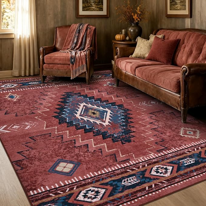 Yinhua Western Living Room Rug 5x7, Washable Area Rugs for Bedroom, Rust | Low-Pile Area Rug Non-Slip with Rubber Backing, Fall Non-Shedding Carpet for Dining Table Office Nursery