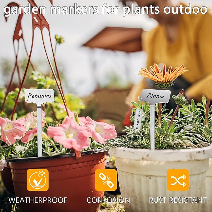 304 Stainless Steel Plant Markers, 50 Waterproof Metal Plant Label Stakes with 50 Tag Buckles & 2 Marker Pen, 12.75" Garden Markers for Outdoor Indoor Plants Identification.