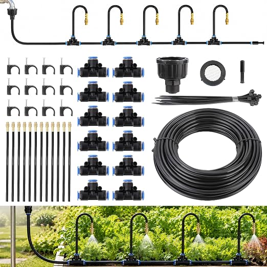 360° Adjustable Micro Drip Irrigation System, 12 Brass Sprinkler Heads & Bendable Stems, Automatic Watering Kit with 1/4" Tubing for Raised Bed, Lawn, Vegetable & Outdoor Plants (50ft)