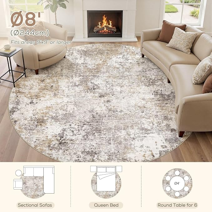 Nakagishi 8X8 Abstract Washable Area Rugs for Living Room-Golden Brown | Modern Non-Slip Silicone Backing Low Pile Soft Carpet for Bedroom Dining Decor for Families with Kids and Pets