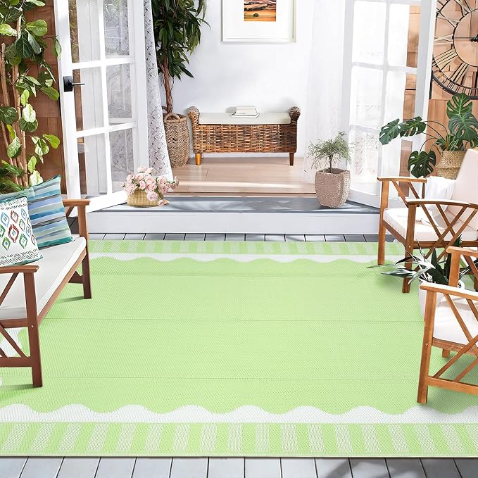 Garvee 8x10 Outdoor Rug, Scalloped Border Waterproof Camping Rugs for Outside Your RV, Modern Plastic Straw Rug, Foldable Reversible UV Resistant Mats for Picnic Backyard Deck Porch, Light Green
