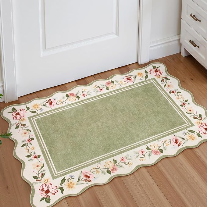 Lahome Floral 2x3 Rug, Green Kitchen Rugs Ultra-Thin Washable Scalloped Bathroom Rug Indoor Mats for Entryway Non-Slip, Boho Stain Resistant Small Throw Rugs for Bedroom Ariele（Green）