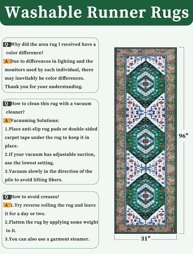 SERISSA 2'6"x8' Washable Non Slip Boho Runner Rug for Hallway，Green White | Ultra Soft Vintage Oriental Carpet Low-Pile Distressed Tribal Floor Carpet for Kitchen Bedroom Bathroom Laundry Room
