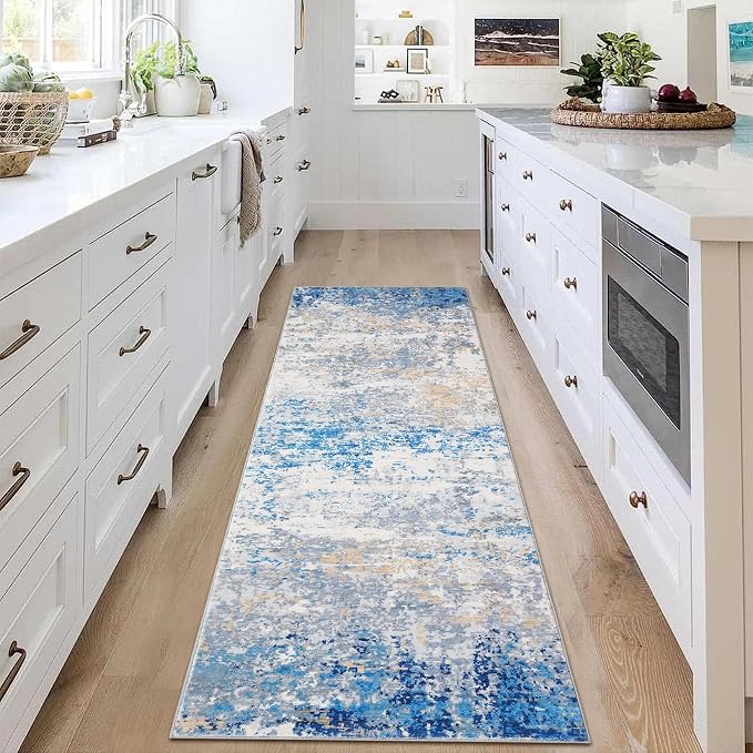 ROYHOME 2x6 Modern Abstract Runner Rug, Blue/Grey | Non Slip Soft Stain Resistant Low Pile Machine Washable Non Shed Rug for Hallway Kitchen Bathroom