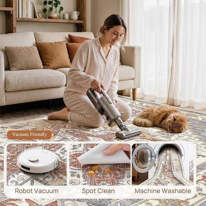 DTICON Vintage Washable 10x14 Area Rug Living Room Rugs, Orange Gray | Boho Distressed, Pet & Kid Friendly, Non-Slip Backing, Soft Polyester, Low-pile Carpet for Living Room, Bedroom, Dining Room