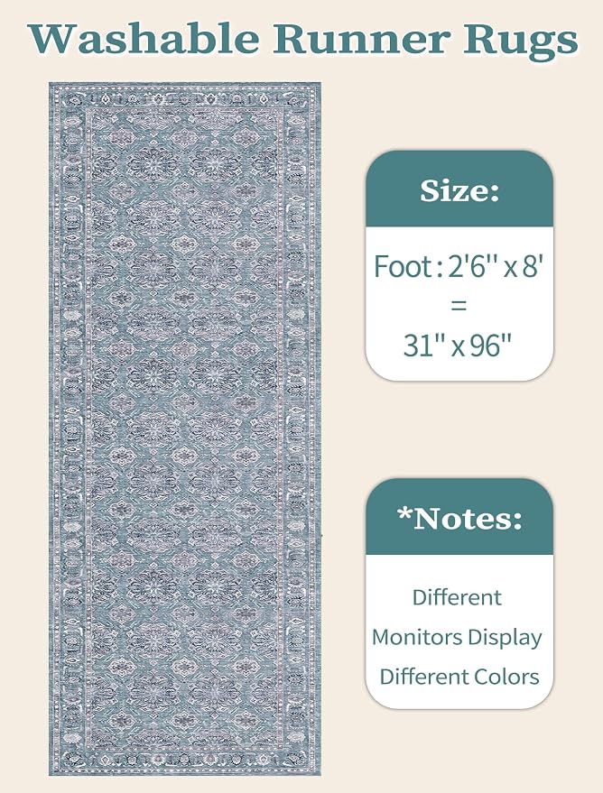 SERISSA 2'6"x8' Washable Non Slip Floral Boho Runner Rug for Hallway | Ultra Soft Vintage Floral Carpet Low-Pile Blue Grey Indoor Mat Throw Rug for Kitchen Bedroom Bathroom Laundry Room