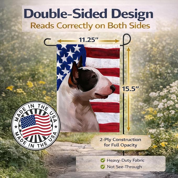 Caroline's Treasures CK6466GF Bull Terrier Miniature American Flag Garden Flag Mailbox Flag Decorative Yard Flag Banner Outside Patio Artwork Yard Flower Beds, Garden Size, Multicolor