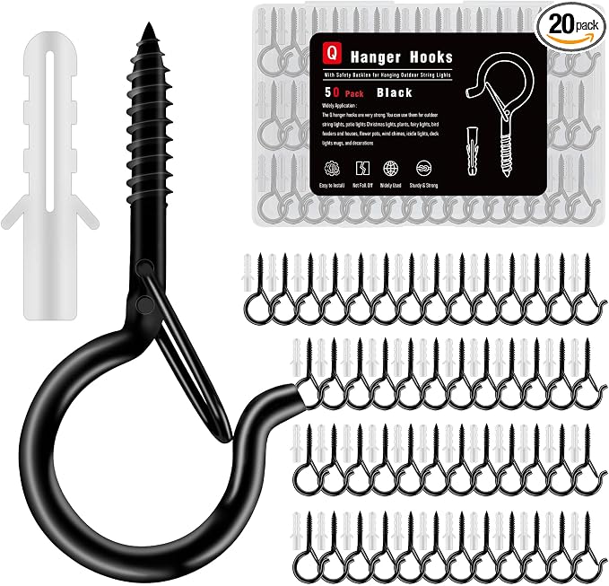 Black Screw Hooks with Safety Lock 2.3" Rustproof Metal Ceiling Hooks for Hanging Plants, Baskets,String Lights & Outdoor Decor, 40LB Capacity (50, Black)