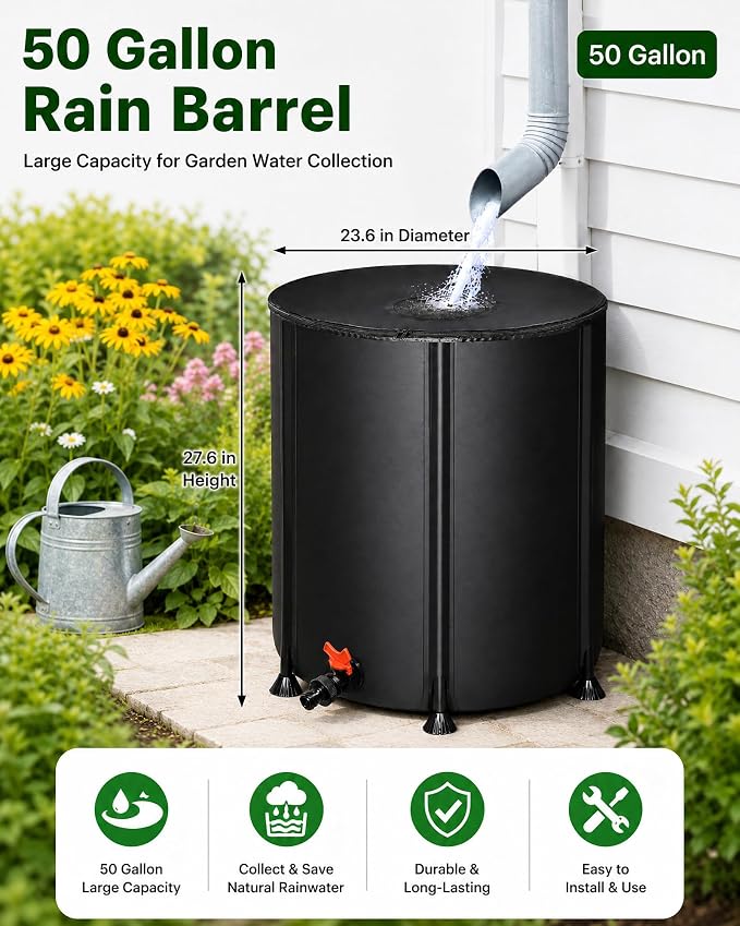 50 Gallon Collapsible Rain Barrel, Portable Rainwater Collection System, Water Storage Tank, Rain Catcher Barrel with Spigots and Overflow Kit,Rainwater Barrels Collector for Garden, Black
