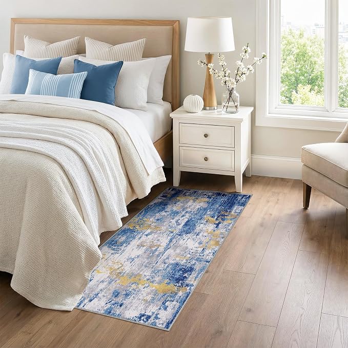 RELEANY Washable Runner 3'x6' Abstract Area Rug for Hallway Blue Gold | Carpet for Kitchen, Entryway, Bathroom, Living Room, Bedroom, Printed Pattern, Non‑Slip, Soft, Stain‑Resistant, Easy to Clean