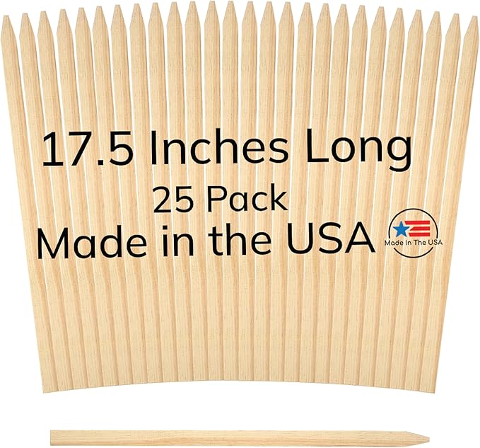25 Pack Wooden Garden Stakes, 17.5" Long x 3/4" Wide, Made in USA Pine Plant Markers, Chisel Point Yard Stakes for Gardening, Landscaping, Row Labels, Signs & Crafts