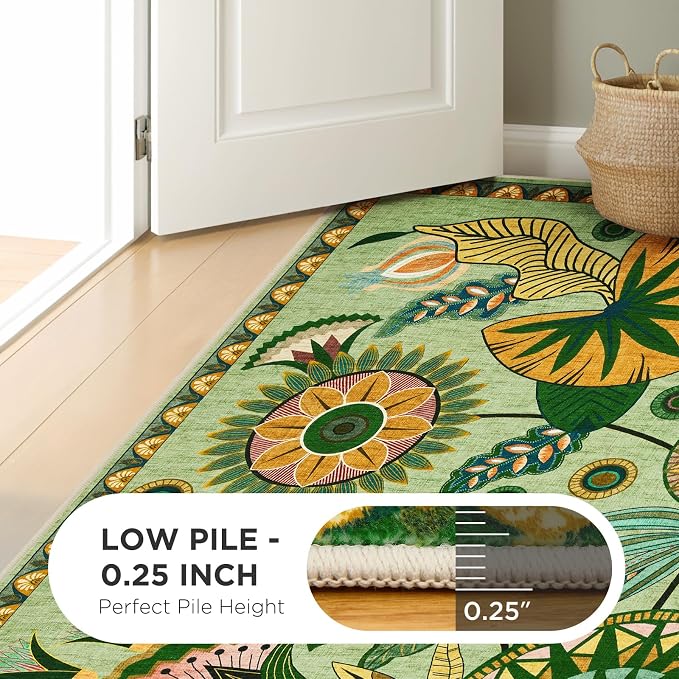 Joydeco Egypt Floral Boho Washable 5x7 Rug for Bedroom Nursery Living Room | Sage Green Botanical Colorful Non Slip Soft Stain Resistant Flower Indoor Carpet for Dining Room Entryway Guest Room Playroom