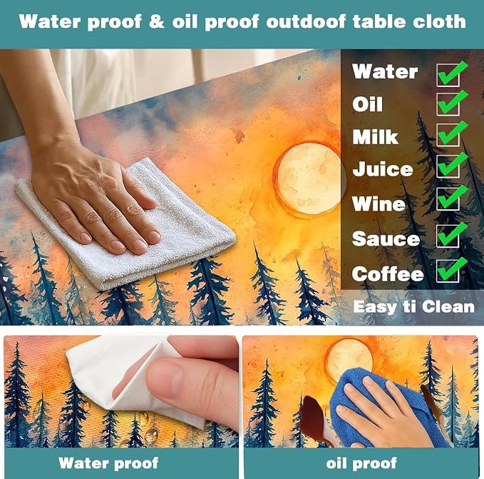 Picnic Table Cover with Bench Covers and Bag, Forest Sunset Camping Essentials Waterproof Windproof, Fitted Tablecloth Cover with Elastic Edge, for Indoor & Outdoor, Camping, 3 Pieces Set, 30x96 IN