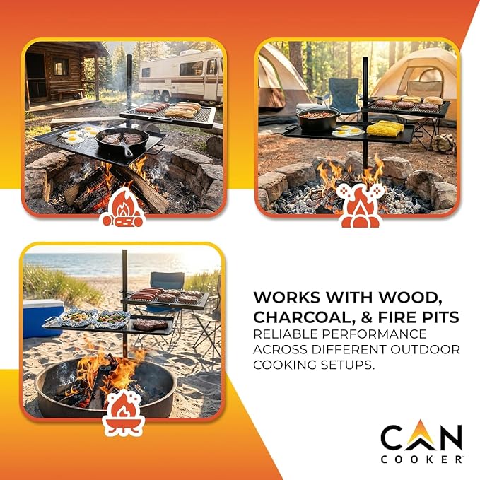 GameMaker Open Fire Cooking Griddle – Portable Campfire Griddle for Open Flame Cooking, Firepits, Outdoor Fire Rings & Camping – Heavy-Duty, Easy Setup & Adjustable Height