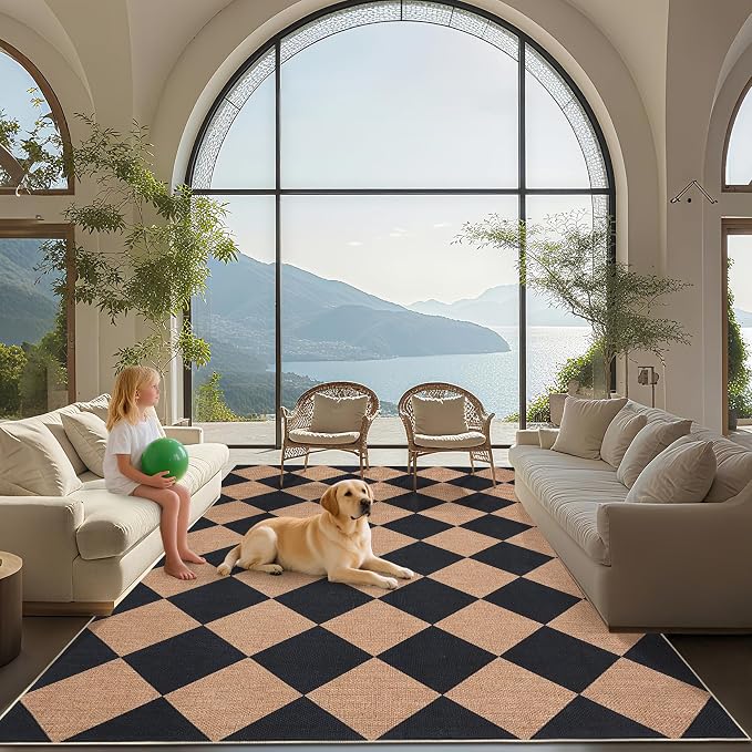 GarveeHome Checkered Easy Jute Area Rug 10x13 Machine Washable Non-Slip Stain Resistant Indoor Outdoor Rugs for Living Room, Bedroom, Kitchen, Dining, Patio Farmhouse Style Black Tan