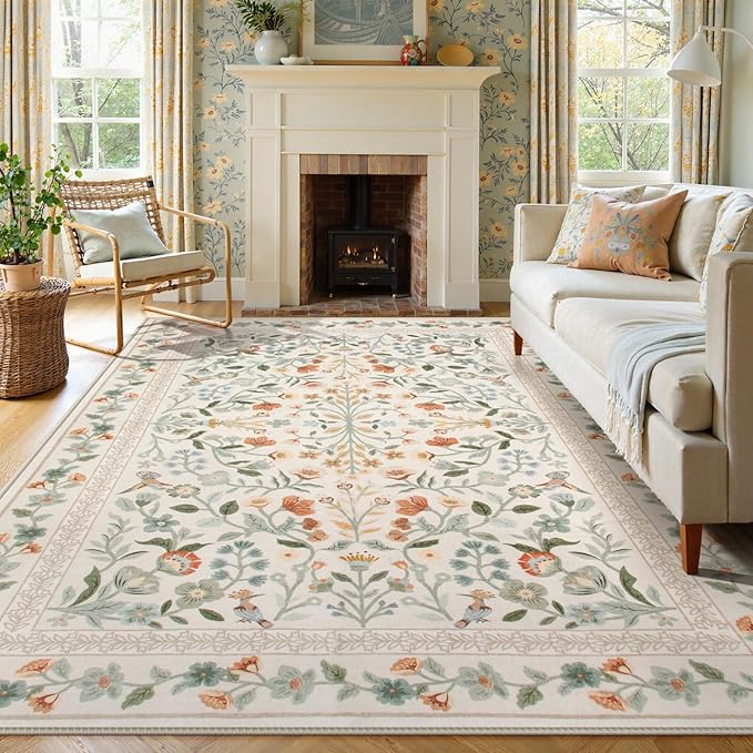 Lahome Beige Floral Washable Area Rug 9x12, Extra Large Botanical Carpet | Non Slip Carpet for Living Room Dining Room, Low-Pile Soft Rug for Bedroom Office, Home Decor
