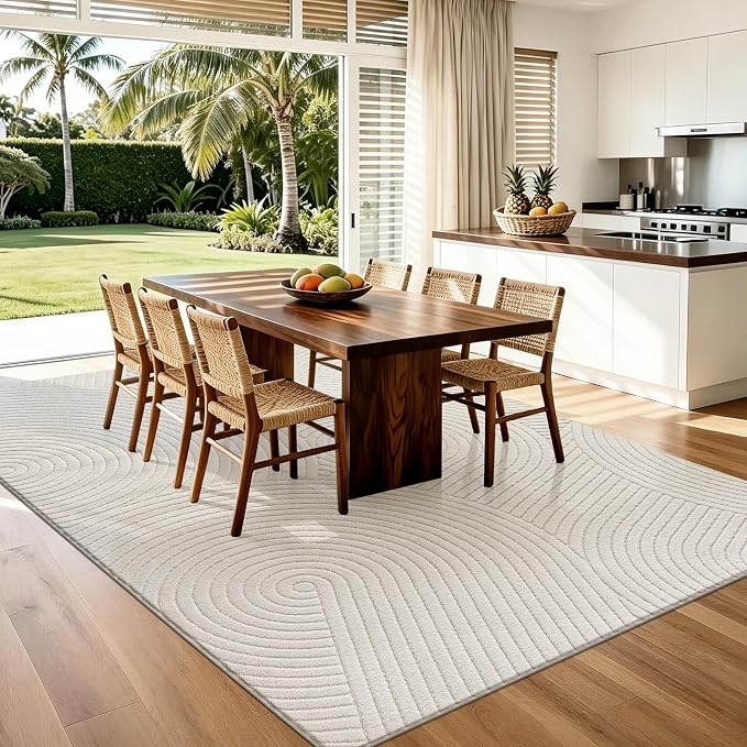 U'Artlines 5x7ft Washable Area Rug for Living Room, Beige | Minimalist Modern, Non Slip, Soft Cozy Fluffy, High-Low Pile Rug for Bedroom, Carpet for Dining Area, Kids Nursery Room