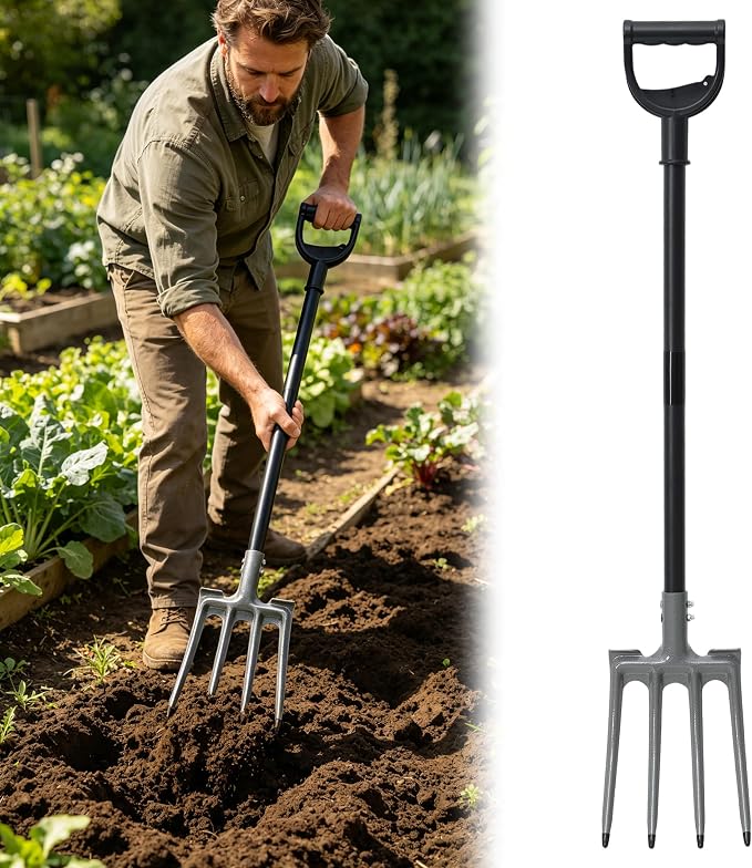 Pitch Fork, Metal Broadfork Garden Tool Long Handle, 4 Tine Mulch Hay Manure Digging Bedding Hay Potato Garden Fork Shovel for Gardening Loosening Soil Compost