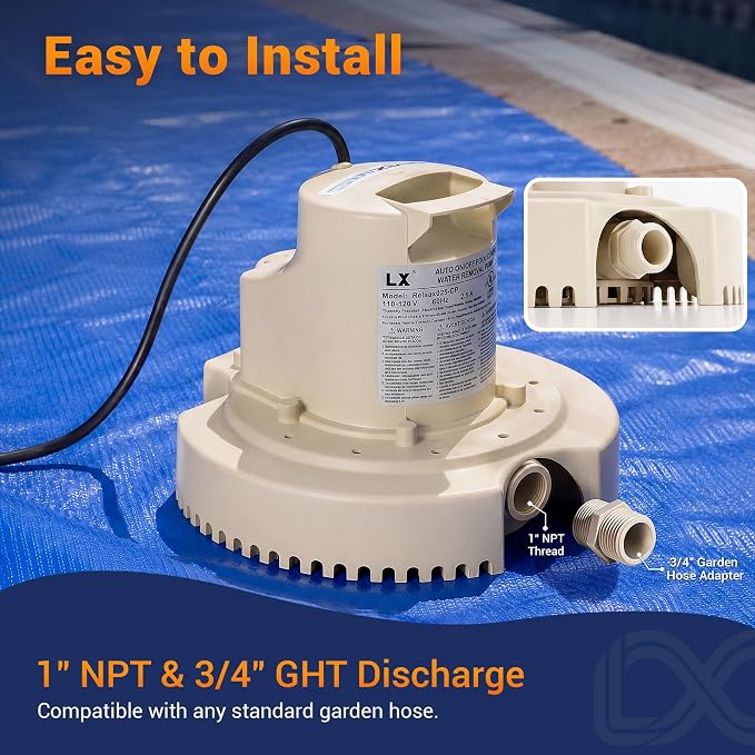 Automatic Pool Cover Pump 115V | 1860GPH | Submersible Water Removal Pump for Pool Covers, Swimming Pool Tarps, Window Wells, Boat Covers, Rooftops | UL Certified | 25Ft Cord Included