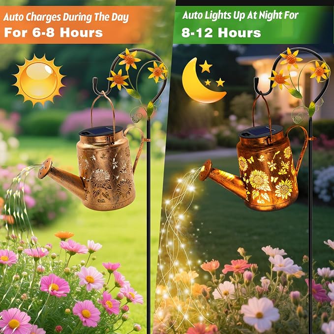 VOOKRY Solar Lights Outdoor Waterproof, Sunflower Metal Solar Watering Can Lights, Gifts for Women Mom Birthday, Hanging Lantern Decorative Garden Decor Yard Light for Outside Patio Lawn Porch