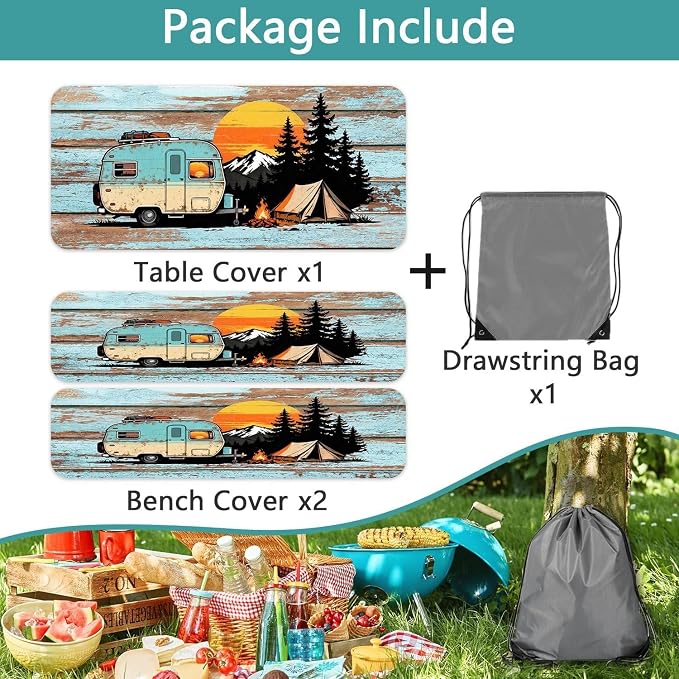 Picnic Table Cover with Bench Covers, 30x96 inch Waterproof Outdoor Camping RV Essentials Fitted Picnic Rectangle Table Cloth, Teal Brown Wood Texture Fitted Picnic Tablecloth with Elastic