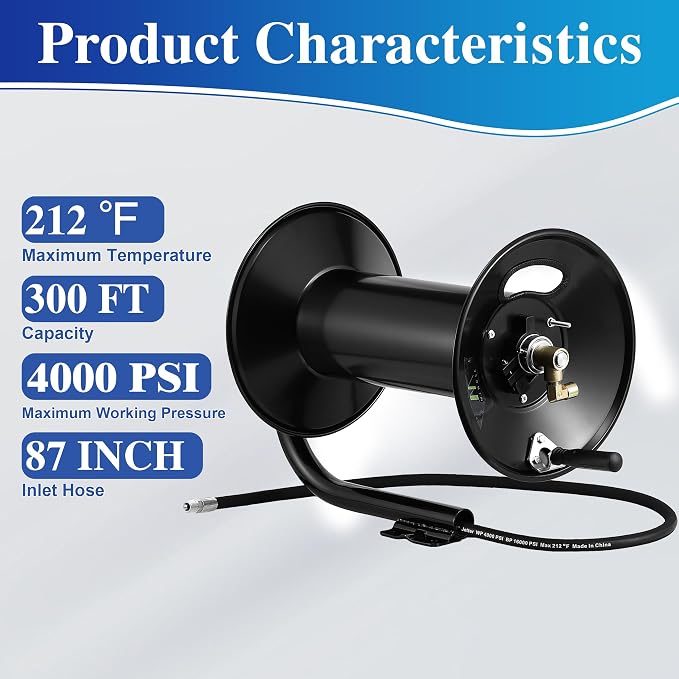 M MINGLE Pressure Washer Hose Reel 300ft x 3/8" / 500ft x 1/4", 4000 PSI | Heavy Duty Steel Hose Reel, Manual Crank Power Washer Hose Reel with Swivel Arm, 3/8" NPT Outlet Pipe