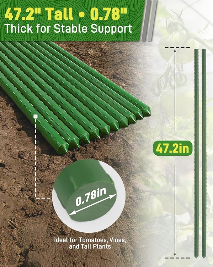 50 Pack 4FT Garden Stakes with Clips & Ties, 0.78" Steel Core Plastic Covered Plant Support Stakes for Tomatoes, Vegetables & Climbing Plants