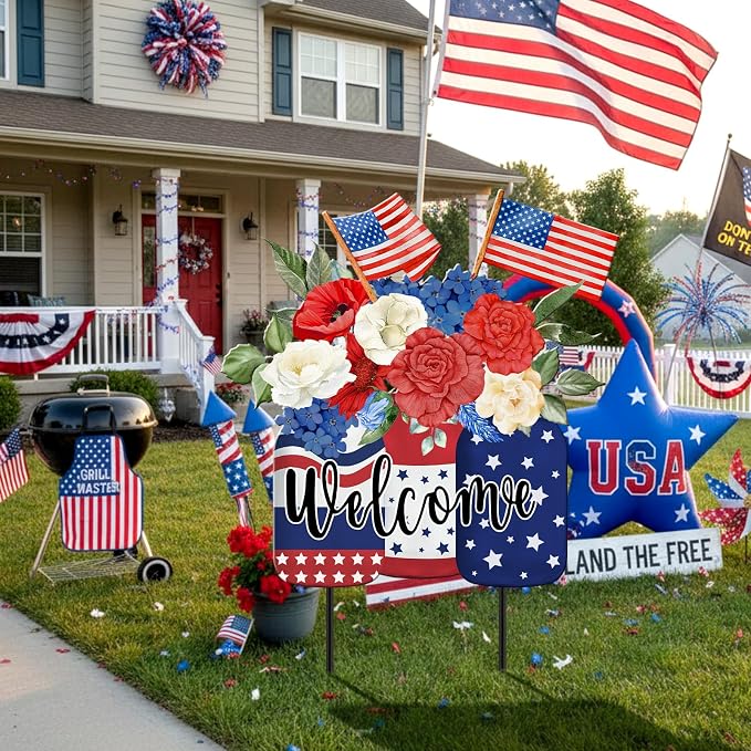 MorningRo Patriotic 4th of July Yard Sign American Flag Outdoor Decor 26" Patriotic Welcome Yard Outdoor Decor 250th Anniversary Flag Floral Vase Decorative Lawn Sign for Outside Garden Lawn Patio