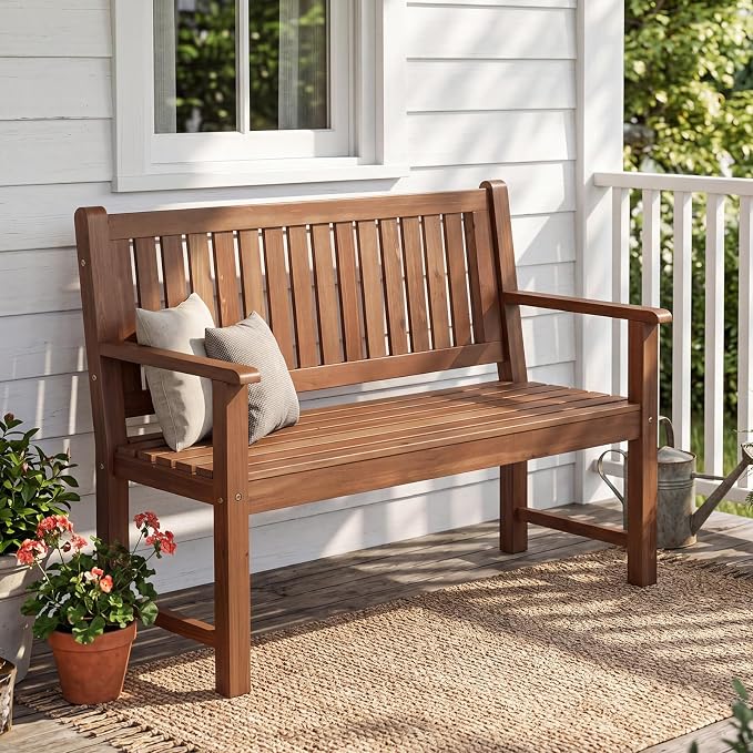 Tangkula 2-Seater Outdoor Wooden Bench, Garden Loveseat Bench with Backrest, Armrests, Slatted Seat, Loads up to 660 LBS, Fir Wood Bench Seating for Porch, Backyard, Deck, Poolside (45.5",Brown)