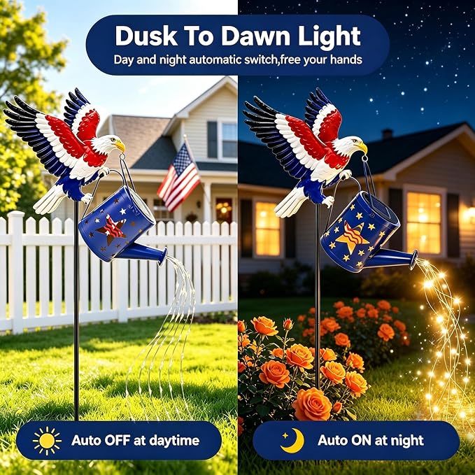 4th of July Decorations Outdoor Solar Eagle Watering Can Lights, 36 LED Solar Lights Outdoor Decorative Waterproof Metal Patriotic Garden Decor for Memorial Yard Art Patio