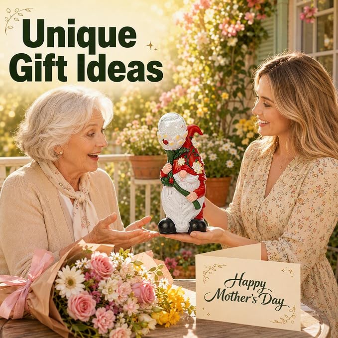 Garden Gnomes Outdoor, Solar Gnome Statue with Ladybugs Flower Decor for Yard, Garden, Patio, Balcony, Porch, Lawn Decor, Funny Gnome Gift for Mom Women Grandma