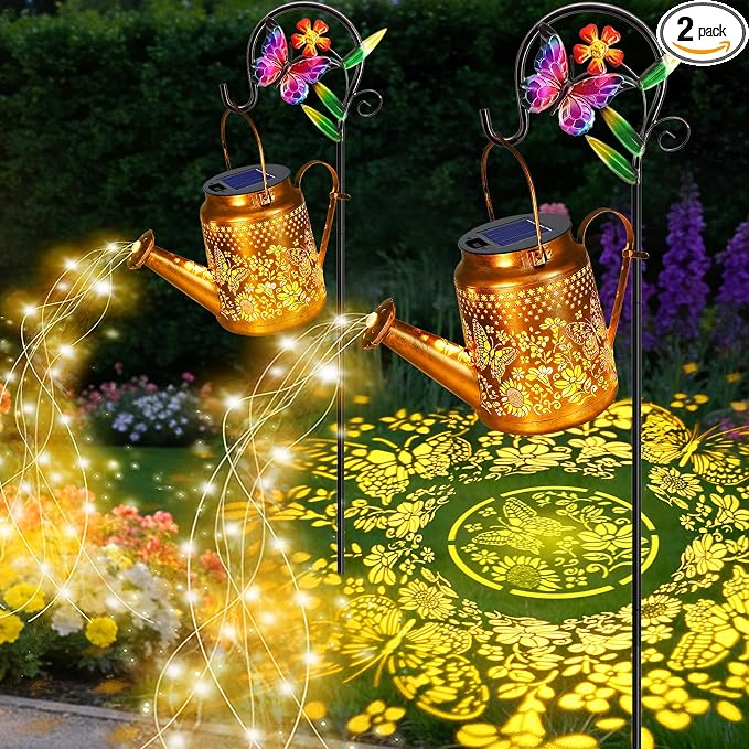VOOKRY 2 Pack Butterfly Metal Solar Watering Can Lights, Solar Lights Outdoor Waterproof, Gifts for Women Mom Grandma Birthday, Hanging Lanterns Decorative Garden Decor for Outside Yard Patio Lawn