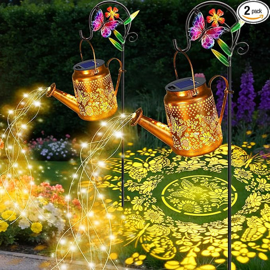 VOOKRY 2 Pack Butterfly Metal Solar Watering Can Lights, Solar Lights Outdoor Waterproof, Gifts for Women Mom Grandma Birthday, Hanging Lanterns Decorative Garden Decor for Outside Yard Patio Lawn