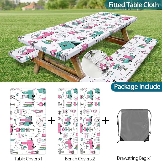 Picnic Table and Bench Covers Set Camping Essentials - Cute Pink Camper Adventure Waterproof Windproof Tablecloth, Camping Accessories with Drawstring Bag Fits for Camping Picnic, 30X72 inch