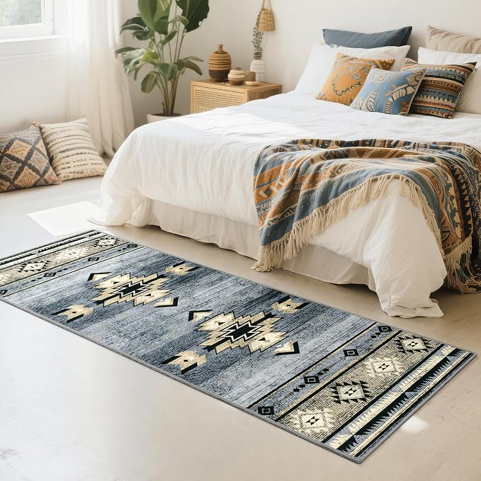 BENRON Western Hallway Runner Rug 2x6, Long Runners for Kitchen, Grey | Southwest aztec Rug, Accent and Tribal Throw Rugs for Bedroom, Washable