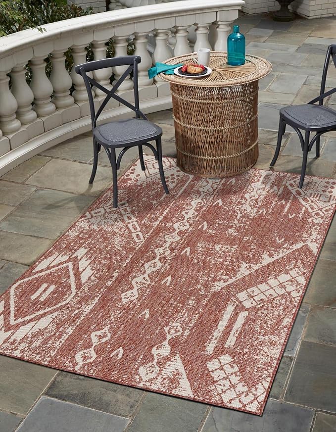 Unique Loom Outdoor Bohemian Collection Area Rug - Anthro (5' 3" x 8' Rectangle, Rust Red/ Ivory)