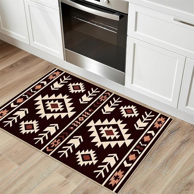 Western Rug 2x3 for Entryway Indoor Mat, Southwestern Aztec Tribal Rugs Southwest Navajo Machine Washable Entrance Rug Non-Slip Printed Low-Pile Entry Floor Carpet Doormat for Bedroom, Red Brown