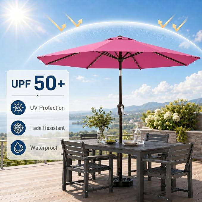 10FT Solar Patio Umbrella with Lights, Outdoor Table Market Umbrella with 32 LED Lights, 8 Sturdy Ribs, Push Button Tilt and Crank for Pool, Deck and Garden, UV-Resistant