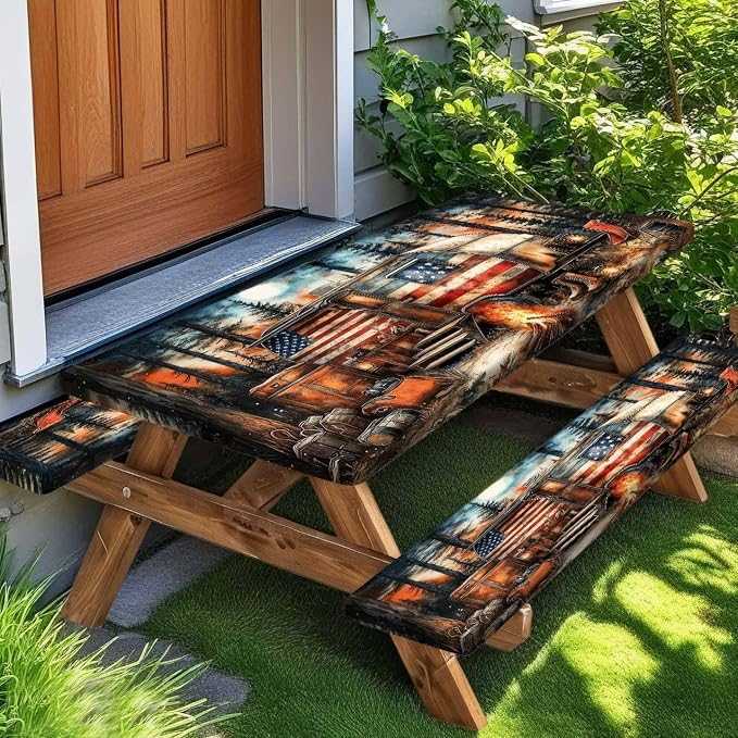 American Flag Picnic Table Cover with Table Cover, Elastic Tablecloth for Outdoor Picnic Tables, RV Camping Forest Design, Tablecloth for Camping, Barbecue and Terrace Dining, 30x60 Inch