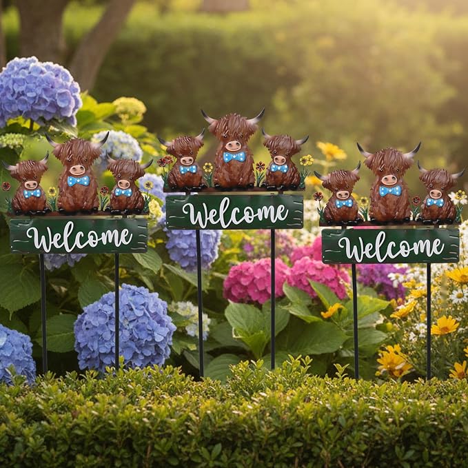 43.3inch Highland Cow Yard Stakes for Decorations Outdoor, Vintage Farmhouse Decorative Garden Stakes Large Metal Yard Art with Welcome Sign