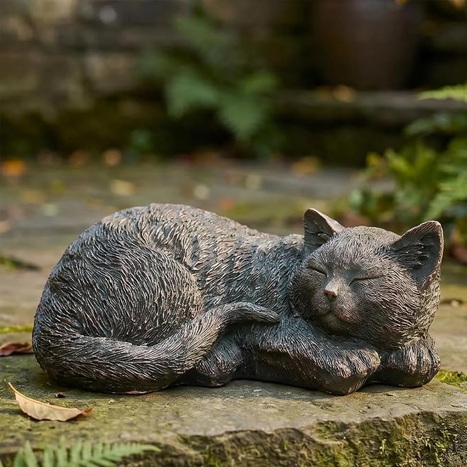 Sleeping Cat Statue Outdoor Garden, Bronze Patina Resin Sculpture, Cat Statues Indoor Outdoor Decor for Garden Patio Yard Lawn, Unique Pet Memorial Ornament, Thoughtful Keepsake Gift for Cat Lovers