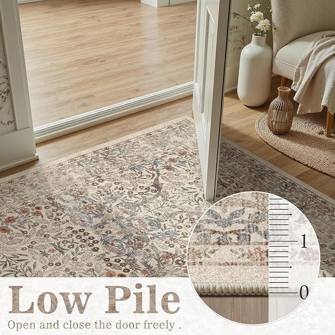 DCX Beige Area Rugs 9x12, Machine Washable Non Slip Stain Resistant Soft Vintage Floral Rug, for Living Room, Bedroom, Playroom, Soft Low Pile Large Carpet