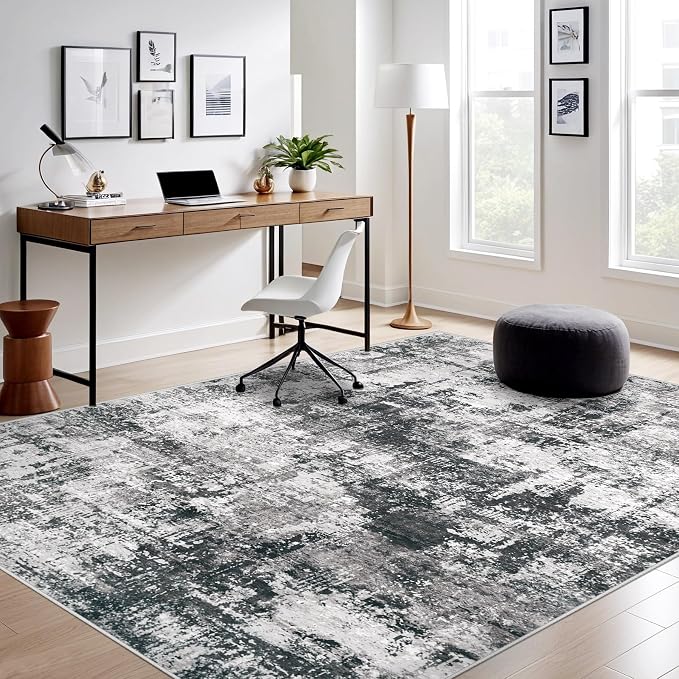 5x7 Area Rugs Washable Rug: Abstract Neutral Rugs Modern Non Slip Area Rug Stain Resistant Low Pile Indoor Carpet for Dining Room Bedroom Nursery Office (Black Grey, 5'x7')