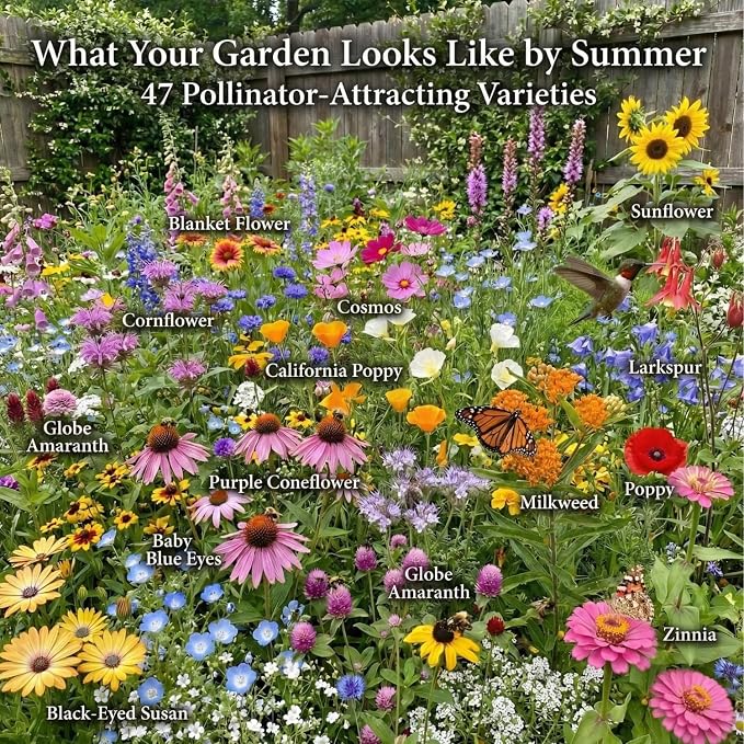 Seedboy Wildflowers for Pollinators Seed Mix - 2 oz Bulk Wildflower Seeds - 40,000+ Non-GMO Seeds for Bees Butterflies Hummingbirds - 47 Varieties of Annual & Perennial Wild Flowers for Planting (2oz)
