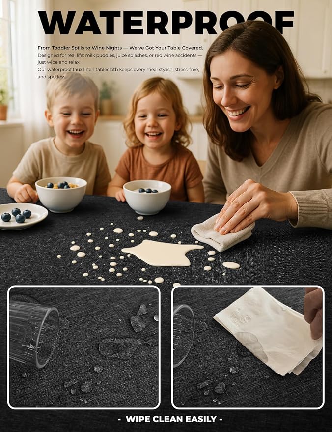 Decorelia Waterproof Farmhouse Table Cloth for 4 Ft Rectangle Table, Anti-Scratches Small Outdoor Dining Table Cloth for Party, Camping, Banquet and Wedding (Oblong, 52 x 70 Inch (4-6 Seats), Black)