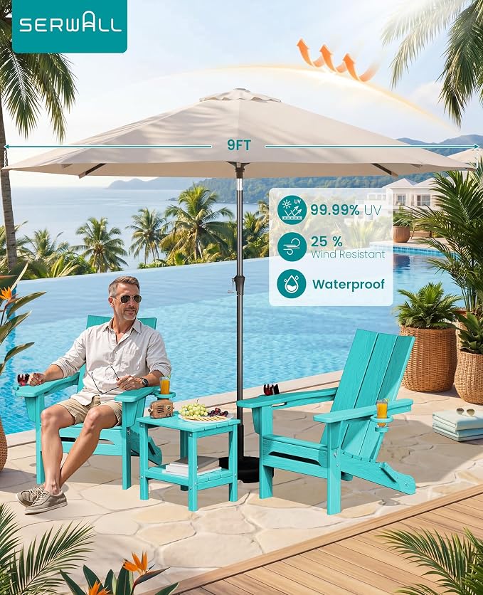 SERWALL Modern Folding Adirondack Chair Set with 9 Ft Umbrella, Folable Adirondack Chairs Set of 2 with Cup Holders, HDPE Fire Pit Chairs for Patio Lawn Garden, Teal (Umbrella Base is not Included)