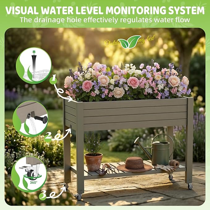 Vixzen Raised Garden Bed Outdoor,Reinforced Large Planter Box with Wheels & Storage Shelf,Mobile Planter Bed Box for Backyard, Patio, Balcony (Light Brown, 21Gal（43.31"×17.72"×33.66"）)