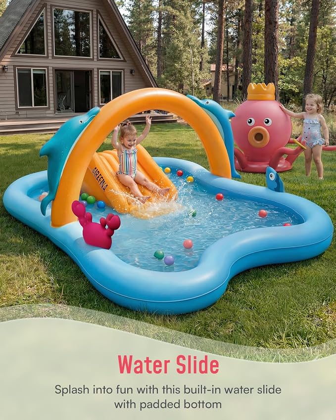 Airefina Inflatable Kiddie Pool, Detachable Octopus King Toddler Pool with Water Slide Splash Pad, Inflatable Play Center with Turtle Toss Target for Backyard, Garden, Water Park, Ages 3+