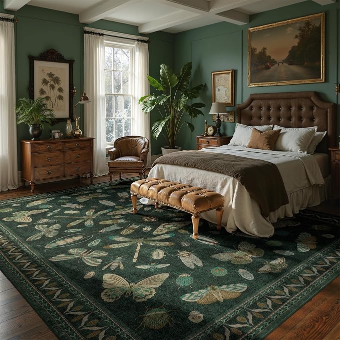 DCX 5x7 Washable Bug Rug for Living Room, Soft Low Pile Rug, Dark Green | Easy to clean, non-shedding, soft, kid & pet friendly, with a non-slip rubber backing for bedrooms, and nature-themed decor